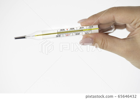 Mercury thermometer in female hand with 40,2 degrees on it on white background 65646432