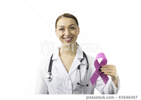 30s Female doctor with purple ribbon for Epilepsy Awareness Month, EEG of brain 65646487