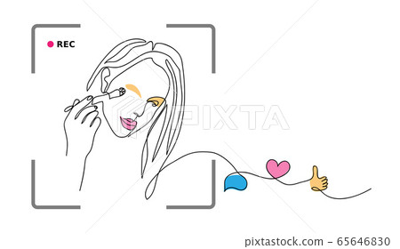 Makeup blogger girl. Vector simple illustration girl with brush, cosmetics review. Minimal make up concept with rec, like, thumb up, heart, comment 65646830
