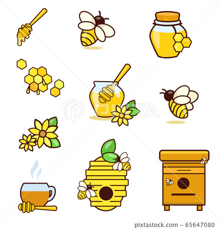 Honey and beekeeping isolated icons set with bees, beekeeper. Honey and beekeeping isolated icons set with bees, beekeeper. 65647080