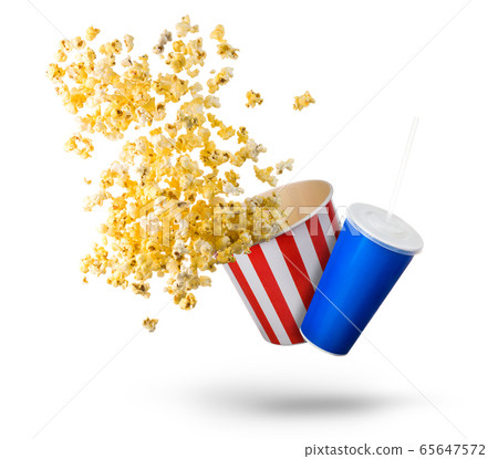 Paper striped bucket with popcorn and cup of soft 65647572
