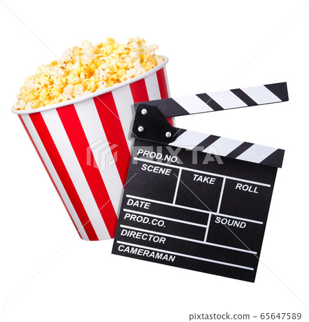 Flying popcorn and film clapper board isolated on Flying popcorn and film clapper board isolated on 65647589