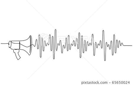 Megaphone, loudspeaker with sound wave. one line drawing Megaphone, loudspeaker with sound wave. one line drawing 65650024