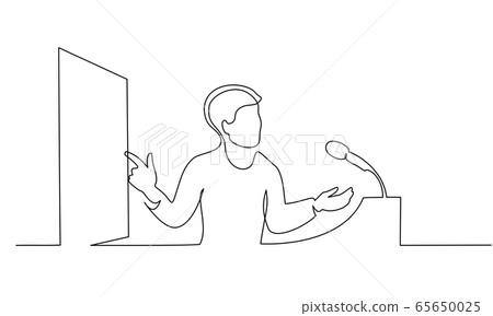 Young scientist presenter speaking with microphone near dashboard 65650025