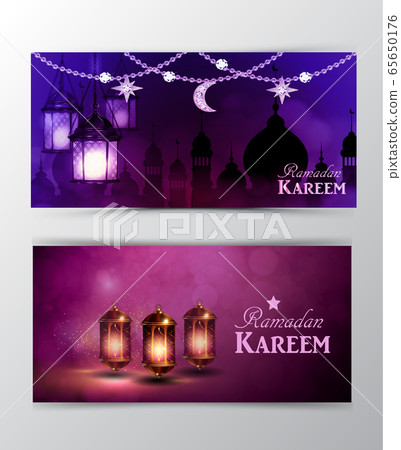 Ramadan Kareem greeting on blurred background set of cards 65650176