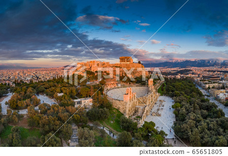 Aerial view of Acropolis of Athens, the Temple of Athena Nike, Parthenon, Hekatompedon Temple, Sanctuary of Zeus Polieus, Odeon of Herodes Atticus, Erechtheion at sunset Aerial view of Acropolis of Athens, the Temple of Athena Nike, Parthenon, Hekatompedon Temple, Sanctuary of Zeus Polieus, Odeon of Herodes Atticus, Erechtheion at sunset 65651805