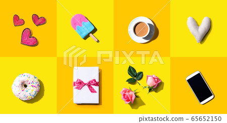 Appreciation theme with roses, smartphone, coffee, and gift box Appreciation theme with roses, smartphone, coffee, and gift box 65652150
