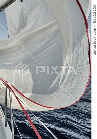 Spinnaker of white color, the sail flutters on a wind, sailing regatta at sunset, a race, reflection on water 65652159