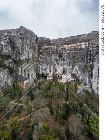 Aerial view of the Grotto of Maria Magdalena in France, Plan D'Aups, the massif St.Baum, holy fragrance, famous place among religious believers, the Monastery of Dominican Friars 65652370
