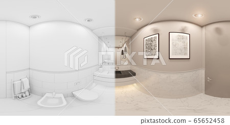 3D render spherical 360 degrees, seamless panorama interior of the toilet in a private cottage. T 65652458