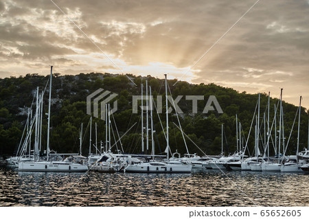 Sailboats at a marina in Croatia Islands at sunset, trees is on background, sunshine 65652605
