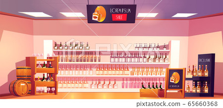 Alcohol shop with bottles on shelves and barrels 65660368