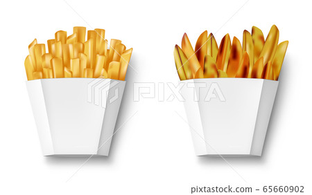 Potatoes French fries and potato wedges in paper box, isolated. Realistic white Package with fry french and wedges potato. Fast food banner. vector illustration Potatoes French fries and potato wedges in paper box, isolated. Realistic white Package with fry french and wedges potato. Fast food banner. vector illustration 65660902