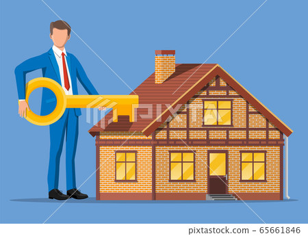 Businessman holding big key near house building. - Stock Illustration ...