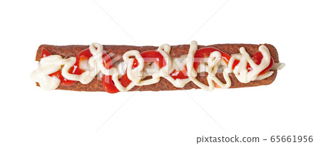 One frikadel with ketchup, mayonnaise on chopped One frikadel with ketchup, mayonnaise on chopped 65661956