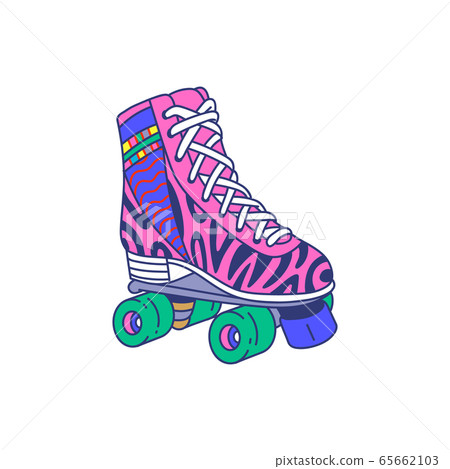 Pink roller skate quad shoe with colorful retro pattern and four green wheels 65662103