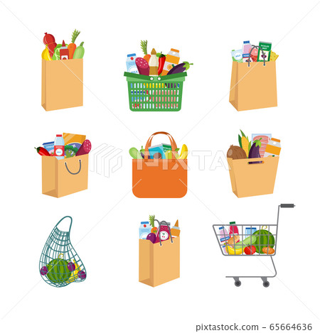 Icons set of shopping paper bags and carts flat vector illustration isolated. 65664636