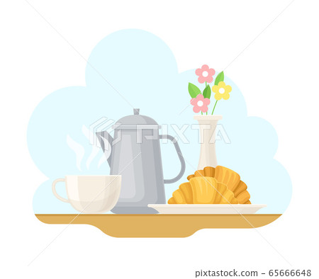 French Food with Crunchy Croissant and Teapot with Hot Drink Vector Illustration French Food with Crunchy Croissant and Teapot with Hot Drink Vector Illustration 65666648