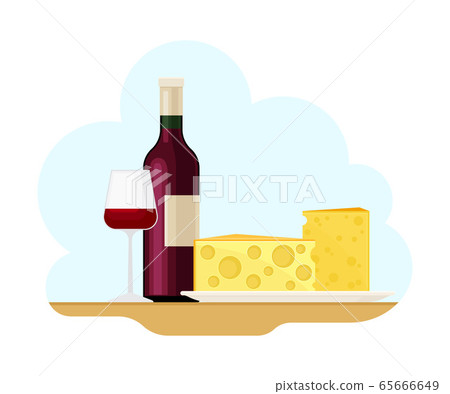 French Food with Slabs of Cheese and Red Wine Bottle Vector Illustration French Food with Slabs of Cheese and Red Wine Bottle Vector Illustration 65666649