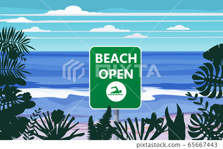 Summer beach banner Open. Seascape ocean shore tropical flora palms. Opening season vacation. Vector illustration isolated Summer beach banner Open. Seascape ocean shore tropical flora palms. Opening season vacation. Vector illustration isolated 65667443