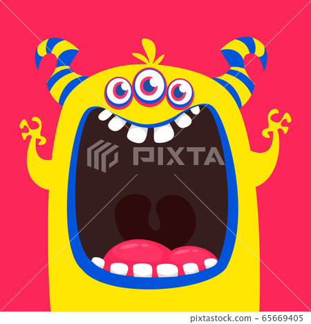 Cute orange horned cartoon monster. Funny monster showing tongue. Halloween vector illustration Cute orange horned cartoon monster. Funny monster showing tongue. Halloween vector illustration 65669405