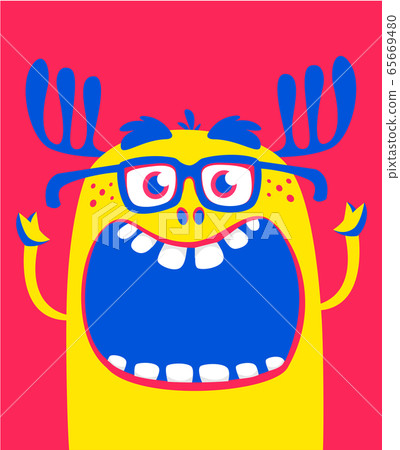 Angry orange cartoon monster with horns. Big collection of cute monsters.  65669480