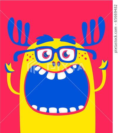 Angry orange cartoon monster with horns. Big collection of cute monsters.  65669482