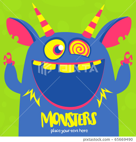 Halloween vector blue and horned monster with big teeth and mouth opened wide isolated. 65669490