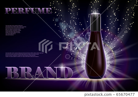 Cosmetic products ad. Perfume bottle container on dark shiny background for your brand. Transparent and shine perfume Vector 3d illustration 65670477