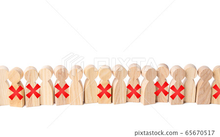 Line of people with red X. Loss of jobs and massive staff employees job cuts. Reducing staff to maintain business. Far-reaching consequences of crisis lockdown. Work layoffs due pandemic quarantine. 65670517