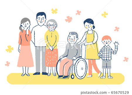Wheelchair grandpa, helper and family Wheelchair grandpa, helper and family 65670529