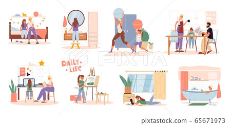 Family children daily routine activities scene set 65671973