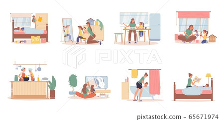 Mother daughter daily life activities scene set 65671974