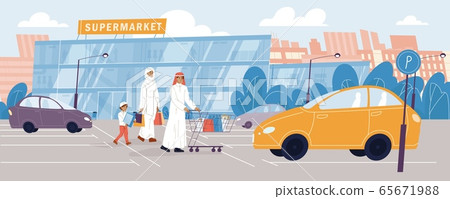 Arab family going to grocery store supermarket 65671988