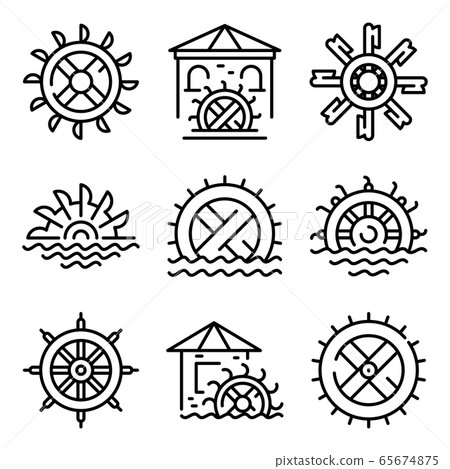 Water mill icons set, outline style 65674875
