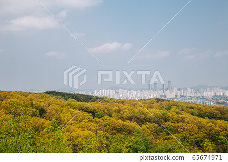 Doksanseong Fortress mountain and Hwaseong Dongtan new town panorama view in Osan, Korea 65674971