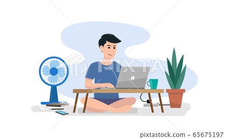 Working at home vector, man working with laptop on low table. work from home concept. Working at home vector, man working with laptop on low table. work from home concept. 65675197