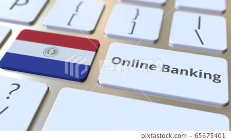 Online Banking text and flag of Paraguay on the keyboard. Internet finance related conceptual 3D rendering 65675401