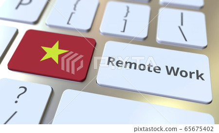 Remote Work text and flag of Vietnam on the computer keyboard. Telecommuting or telework related conceptual 3D rendering 65675402
