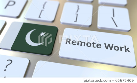 Remote Work text and flag of Pakistan on the computer keyboard. Telecommuting or telework related conceptual 3D rendering 65675409