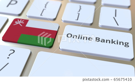 Online Banking text and flag of Oman on the keyboard. Internet finance related conceptual 3D rendering 65675410