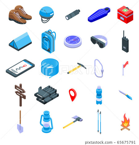 Mountaineering equipment icons set, isometric style 65675791