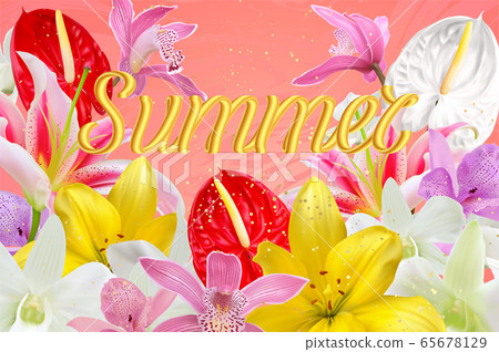 Exotic tropical flower background. Floral colorful composition with white fresh orchid, pink and yellow lily, red Anthurium flowers bouquet and calligraphy golden Summer text 65678129