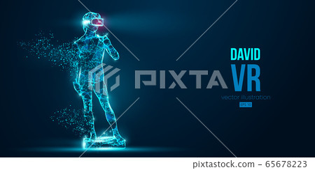 VR headset holographic low poly wireframe banner. Abstract silhouette of the polygonal statue of David, man wearing virtual reality glasses. VR games. Particles on blue background, vector neon VR headset holographic low poly wireframe banner. Abstract silhouette of the polygonal statue of David, man wearing virtual reality glasses. VR games. Particles on blue background, vector neon 65678223
