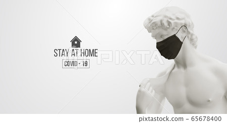 Novel coronavirus COVID-2019. White statue of David symbolizes masked man on a white background. Virus 2019-nCoV logo. Stay at home challenge. Medical mask and virus protection. Vector illustration 65678400