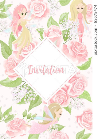 Cards for wedding invitation or birthday greeting with rose flowers and pixies 65678474