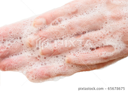 Antibacterial soap in the hands. Hand disinfection with soap. Antibacterial soap in the hands. Hand disinfection with soap. 65678675