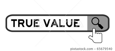 Search banner in word true value with hand over magnifier icon on white background Search banner in word true value with hand over magnifier icon on white background 65679540