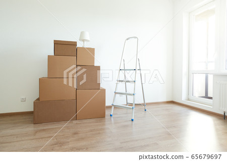 Cardboard boxes for moving in interior apartment, Cardboard boxes for moving in interior apartment, 65679697