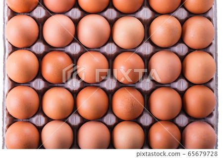 Fresh eggs in box, closeup on white background 65679728